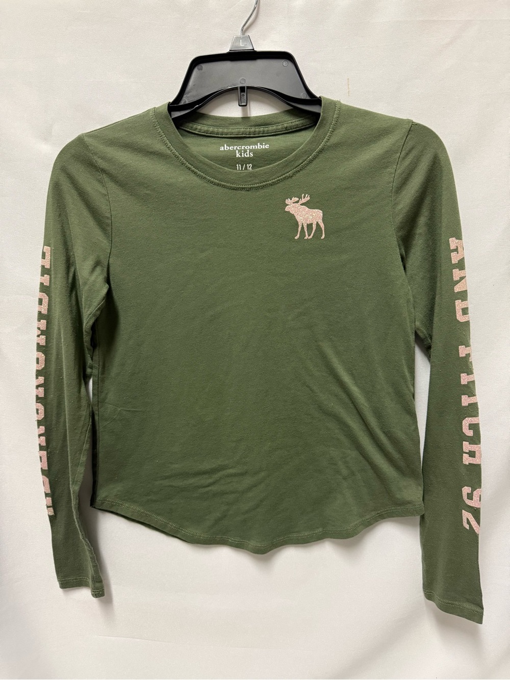 abercrombie kids Olive Green Long-Sleeve Tee with Pink Logo & Sleeve Script